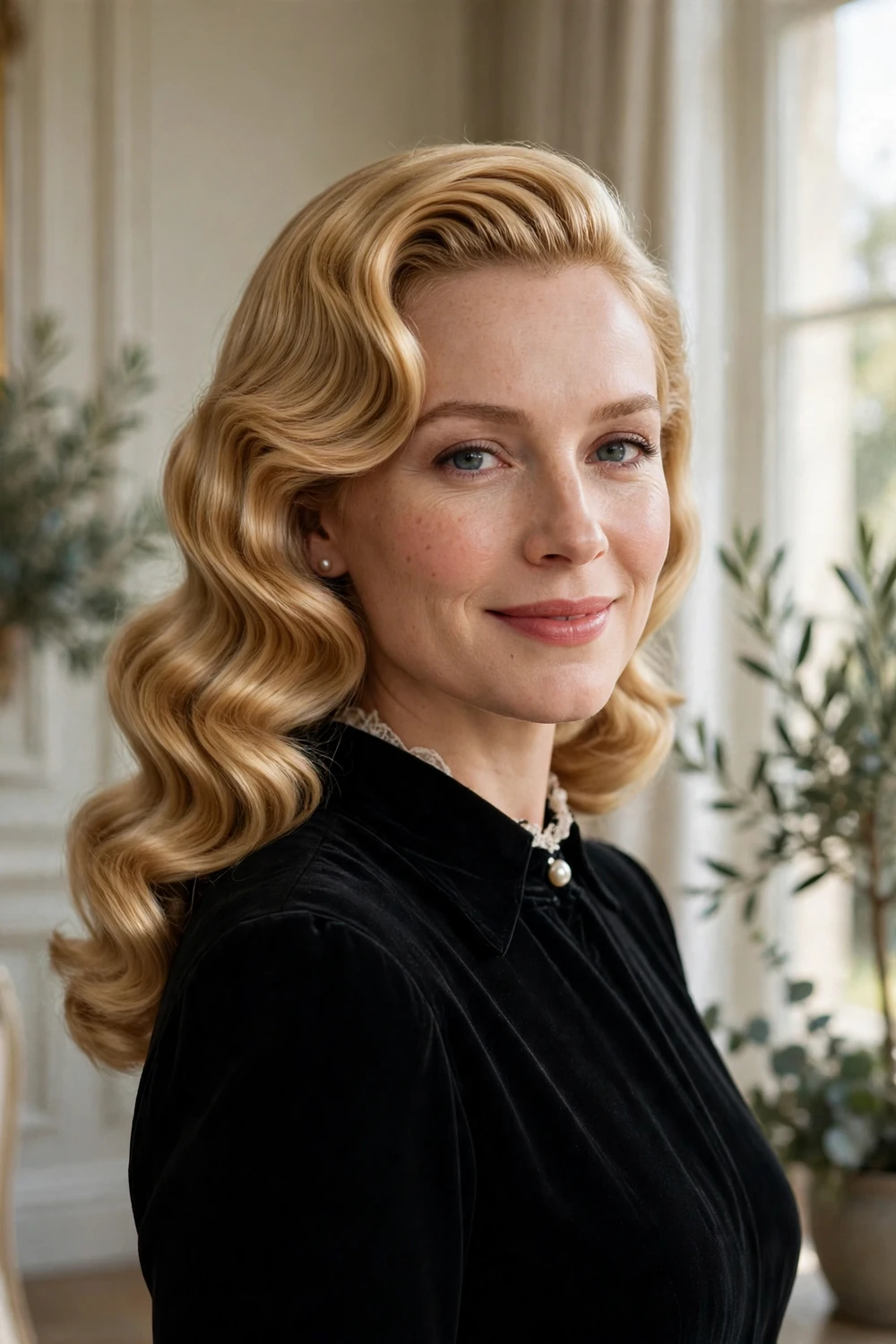 Woman with glossy Hollywood waves on medium length hair for a formal evening