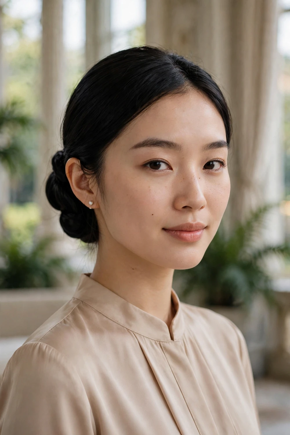Woman with a low French bun pinned at the nape for a formal event