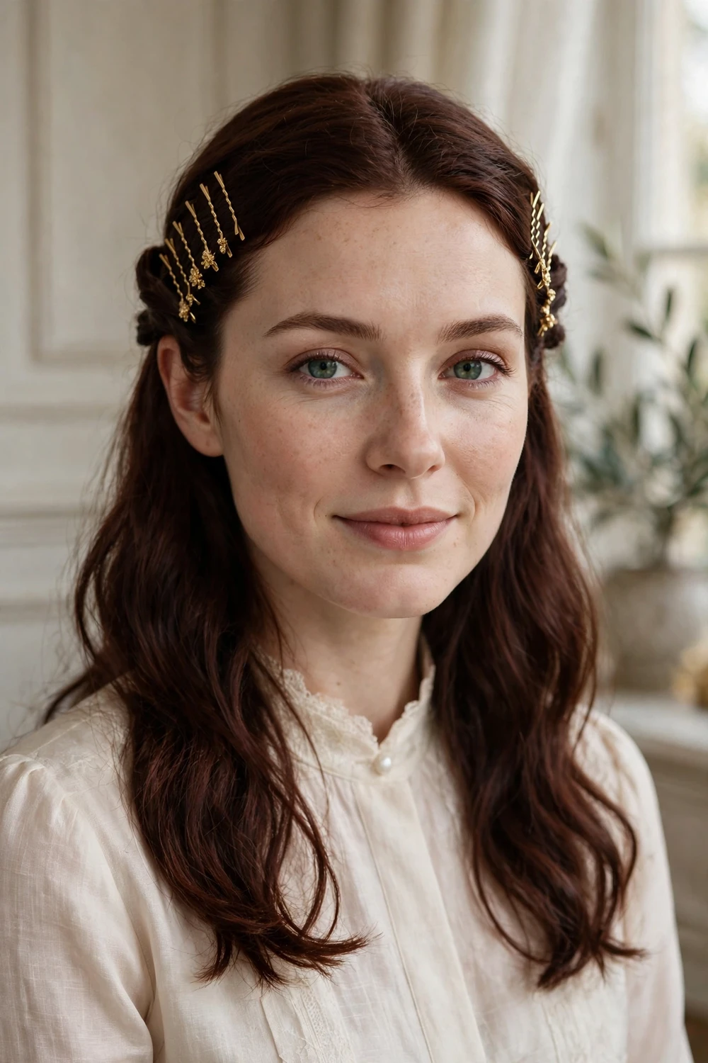 Woman with medium hair styled with rows of decorative bobby pins