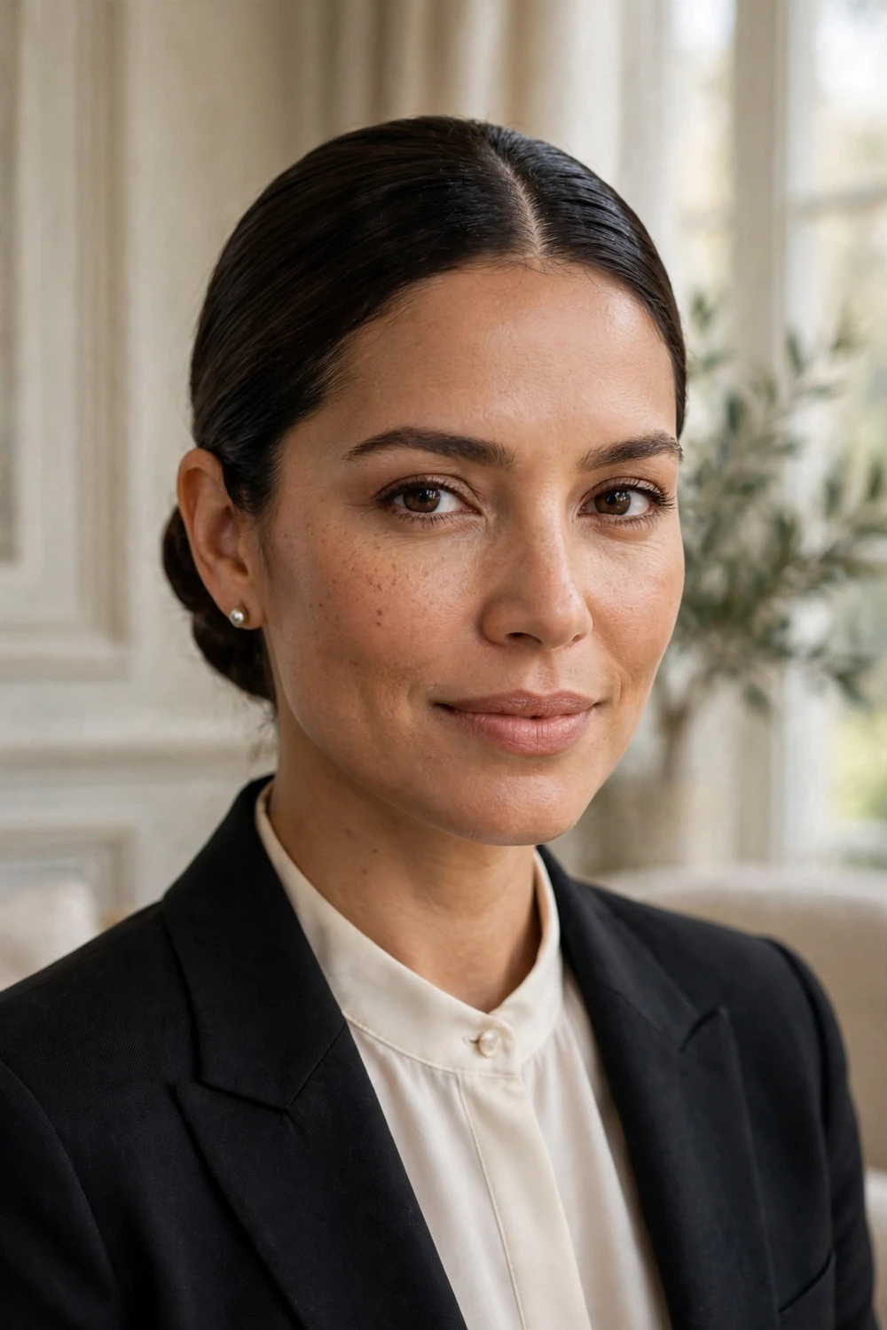 Woman with a sleek low bun and center part for a formal occasion