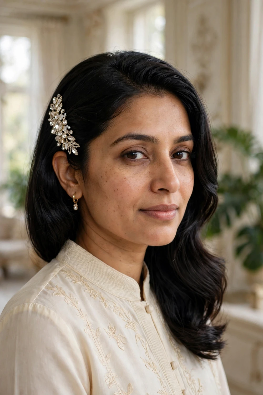 Woman with medium hair clipped back with a decorative statement barrette