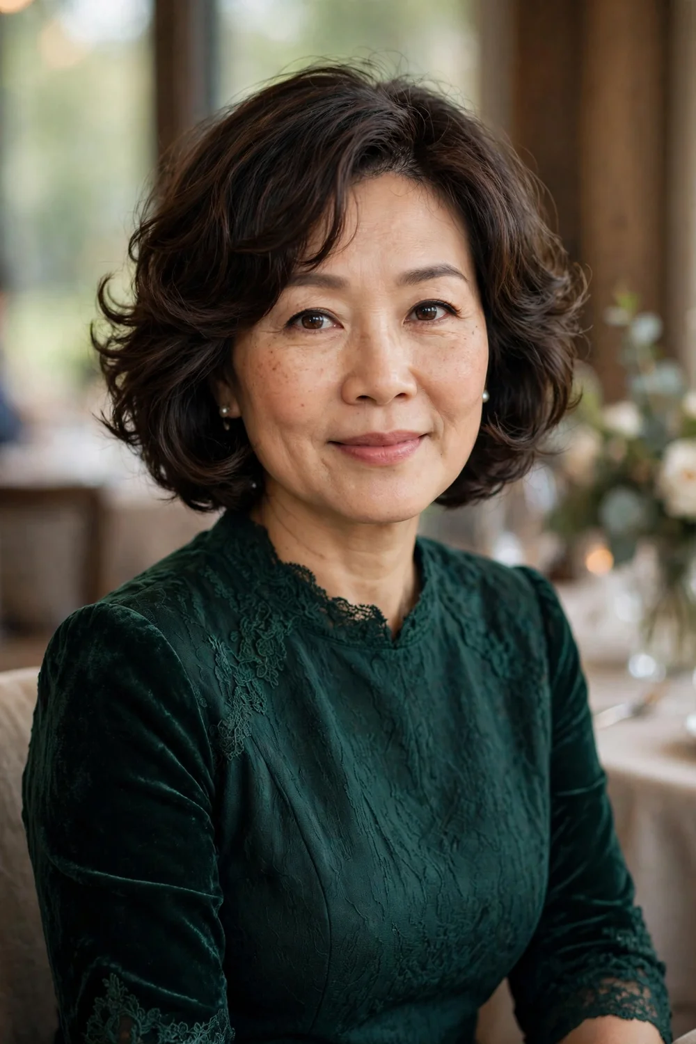 Middle-aged Asian woman with a curled layered bob at a formal dinner