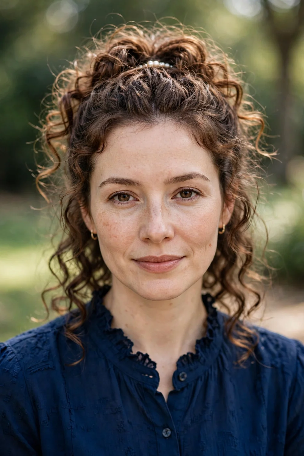 Woman with curly half-up hairstyle and volume at the crown