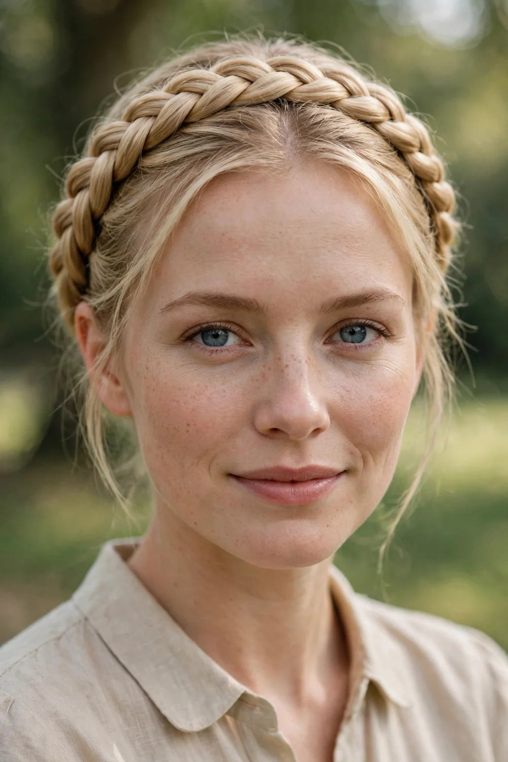 Blonde woman with a Dutch braid crown hairstyle at a wedding