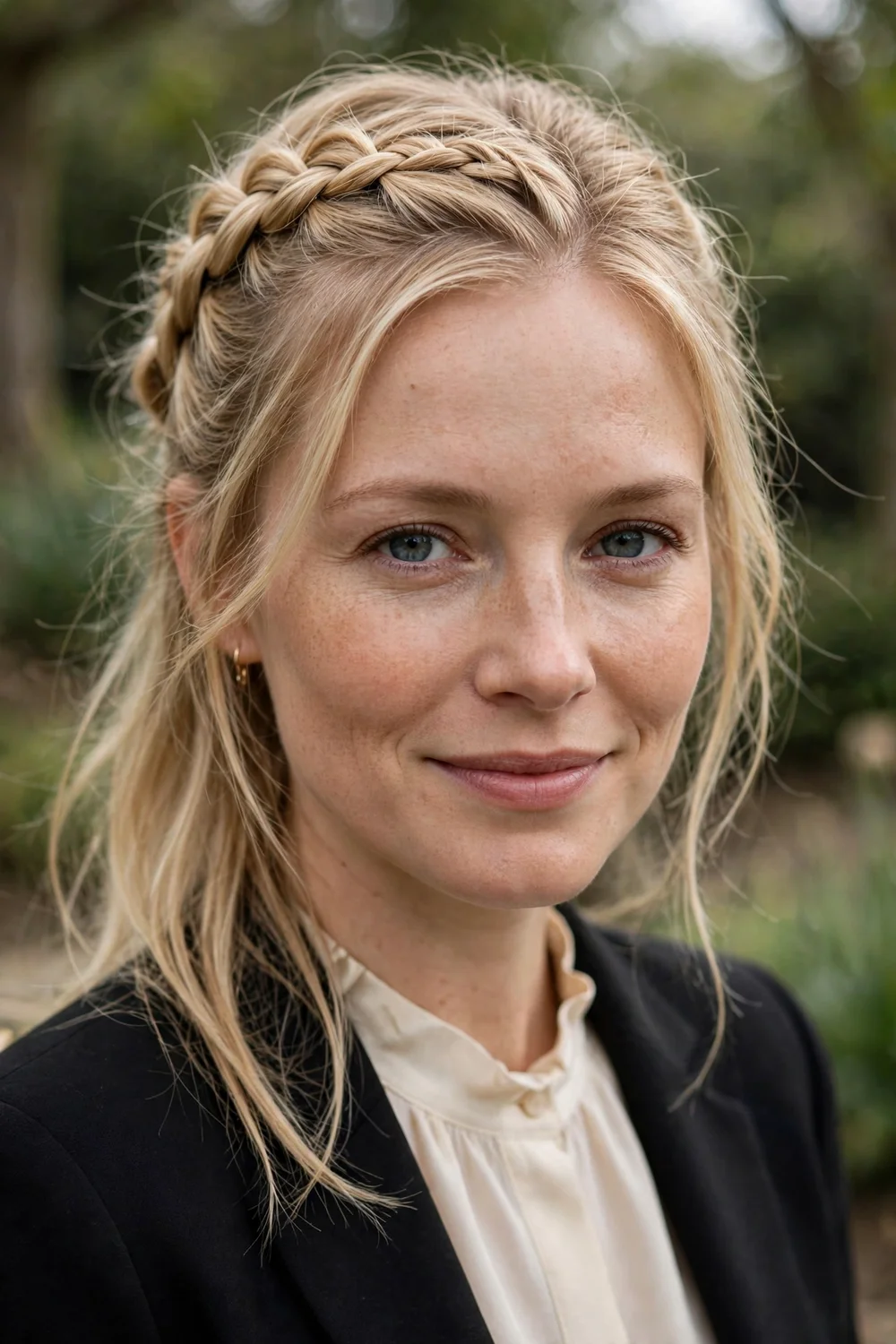 Blonde woman with a fishtail braid half-up style