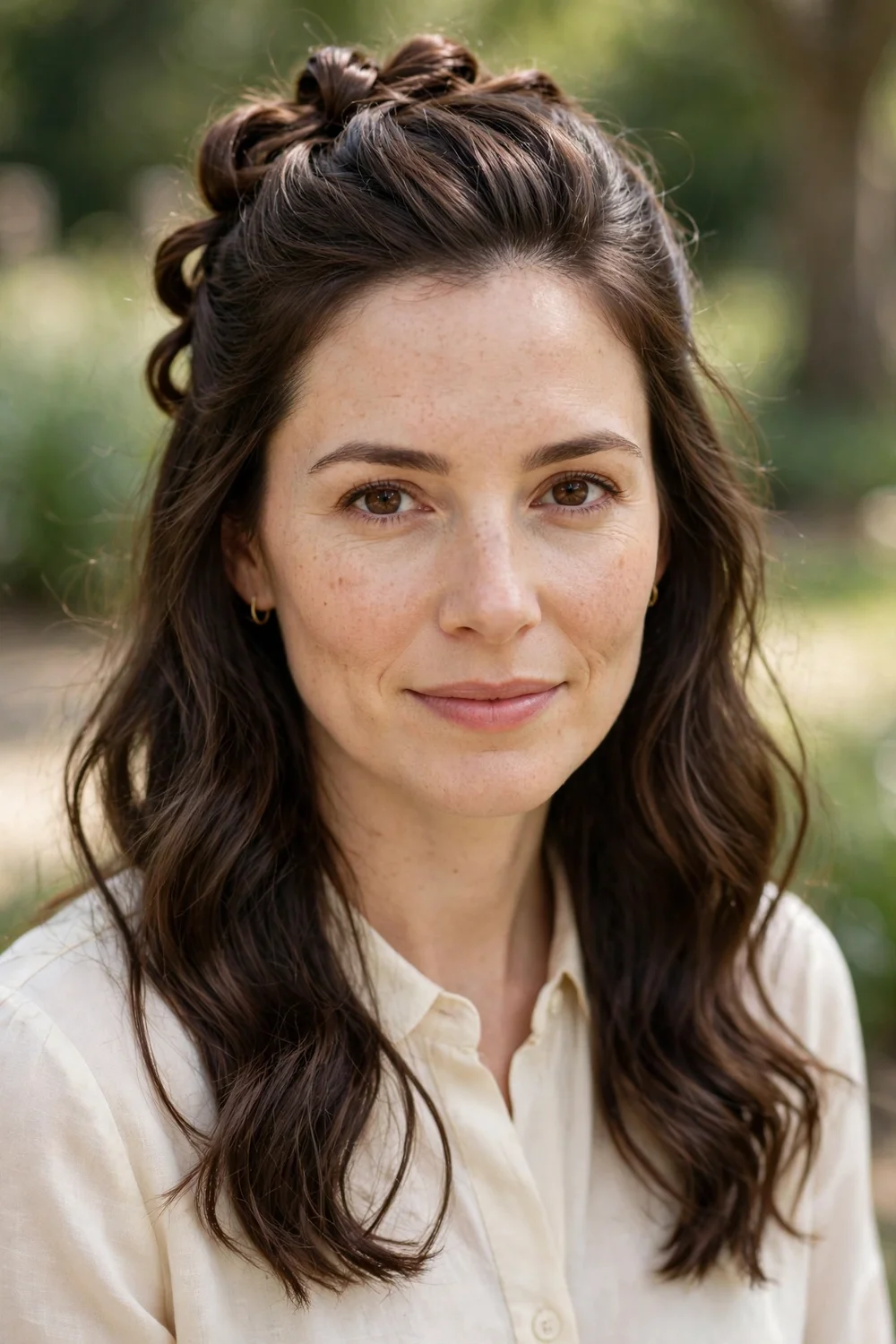 Brunette woman with a half-up French twist hairstyle