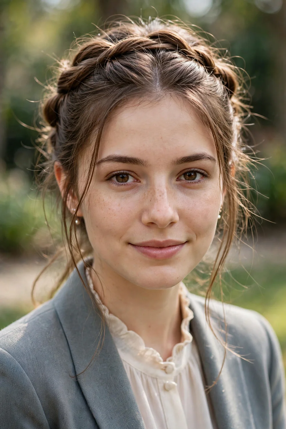 Young woman with brown hair in a half-up twisted crown style