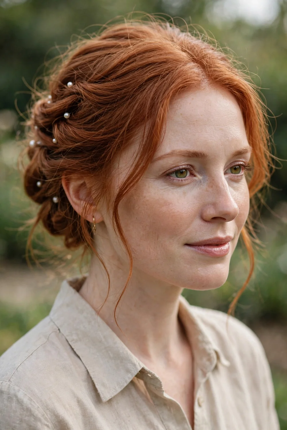 Redhead woman with a loose romantic updo and pearl pins at an evening reception