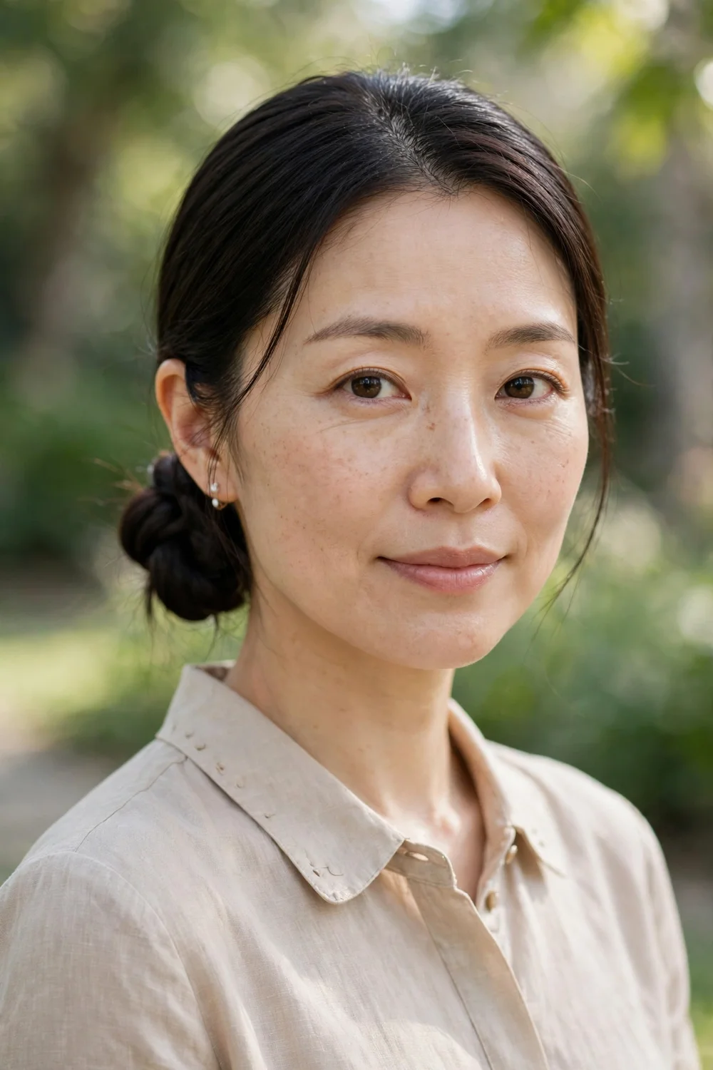 Asian woman with a low twisted knot hairstyle for evening