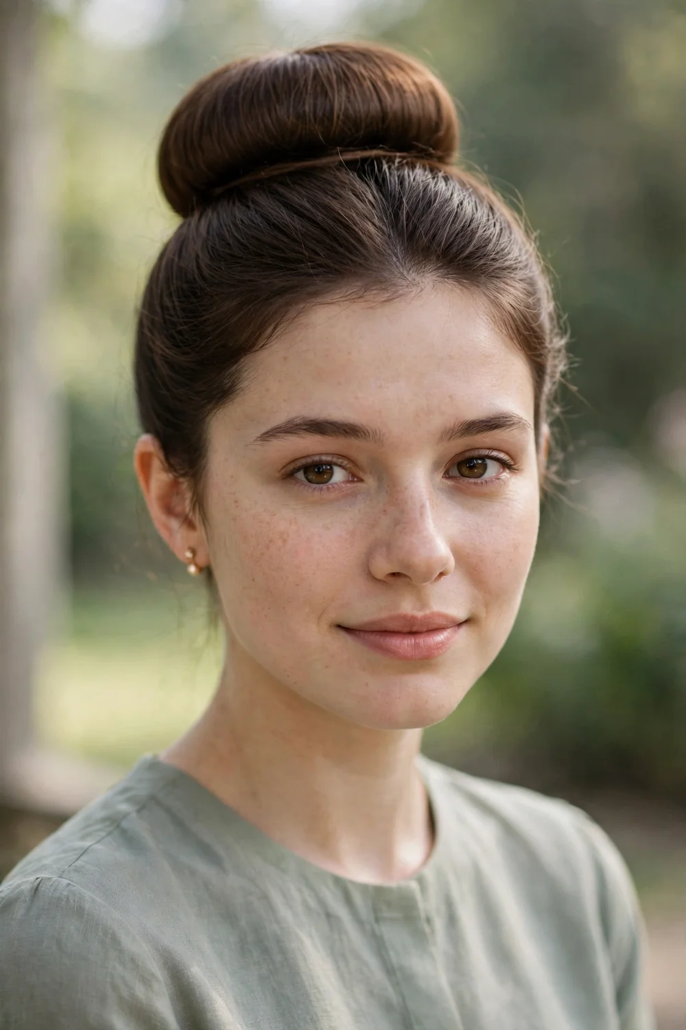 Young brunette woman with a full padded donut bun