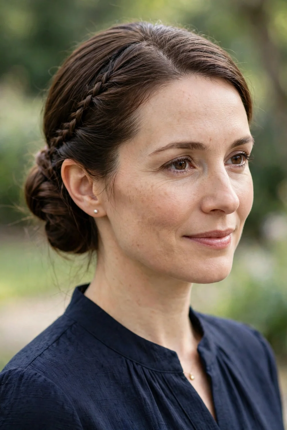 Brunette woman in her thirties with a side chignon and slim braid for a wedding