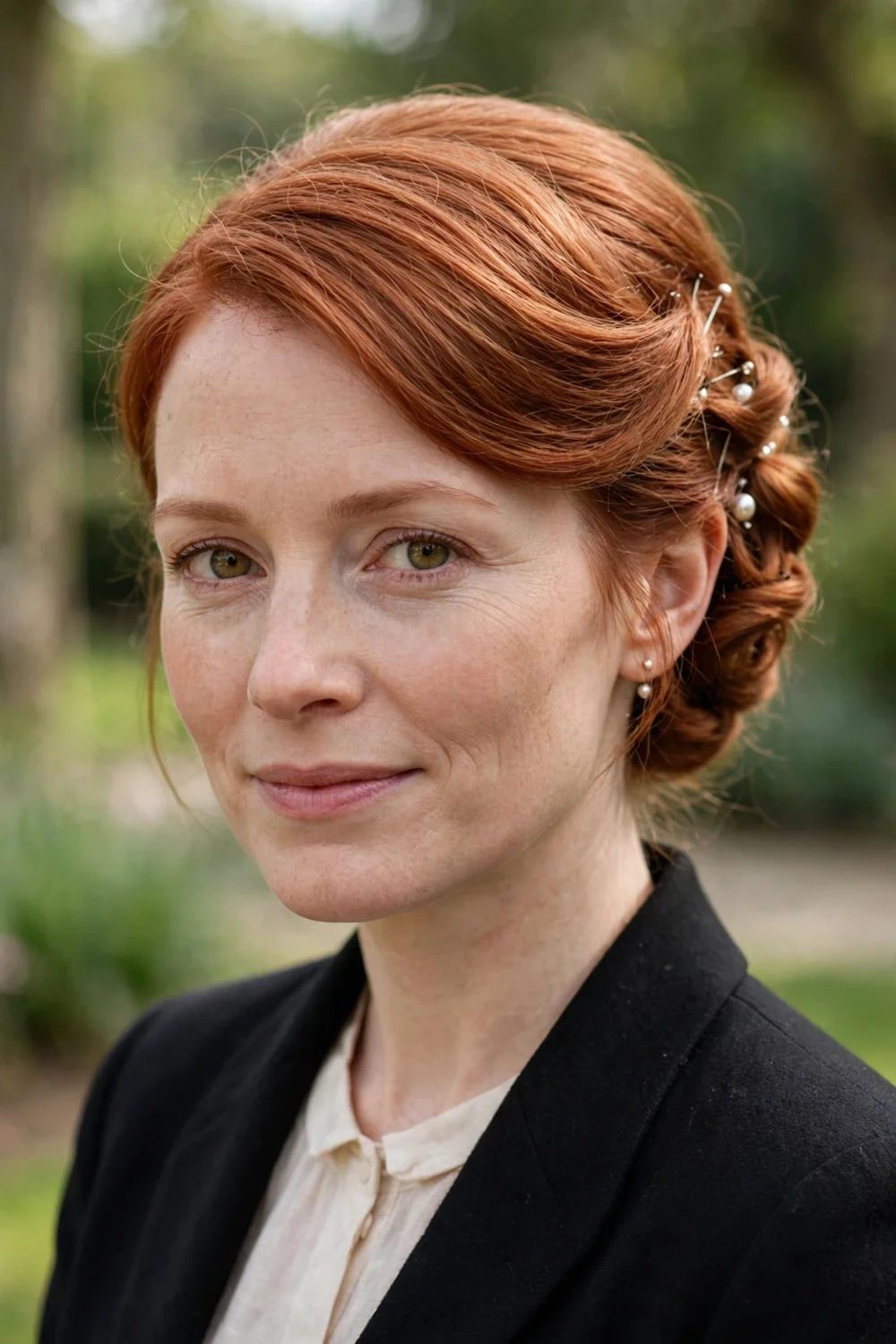 Redhead woman with a side-swept formal updo