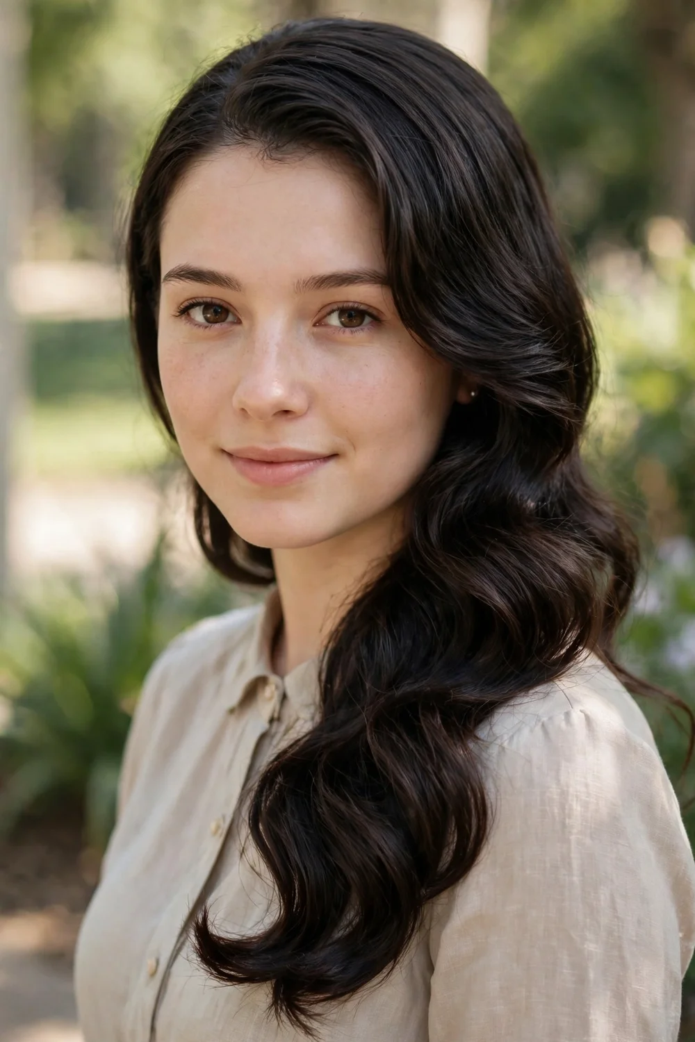 Young woman with long dark hair in side-swept waves over one shoulder