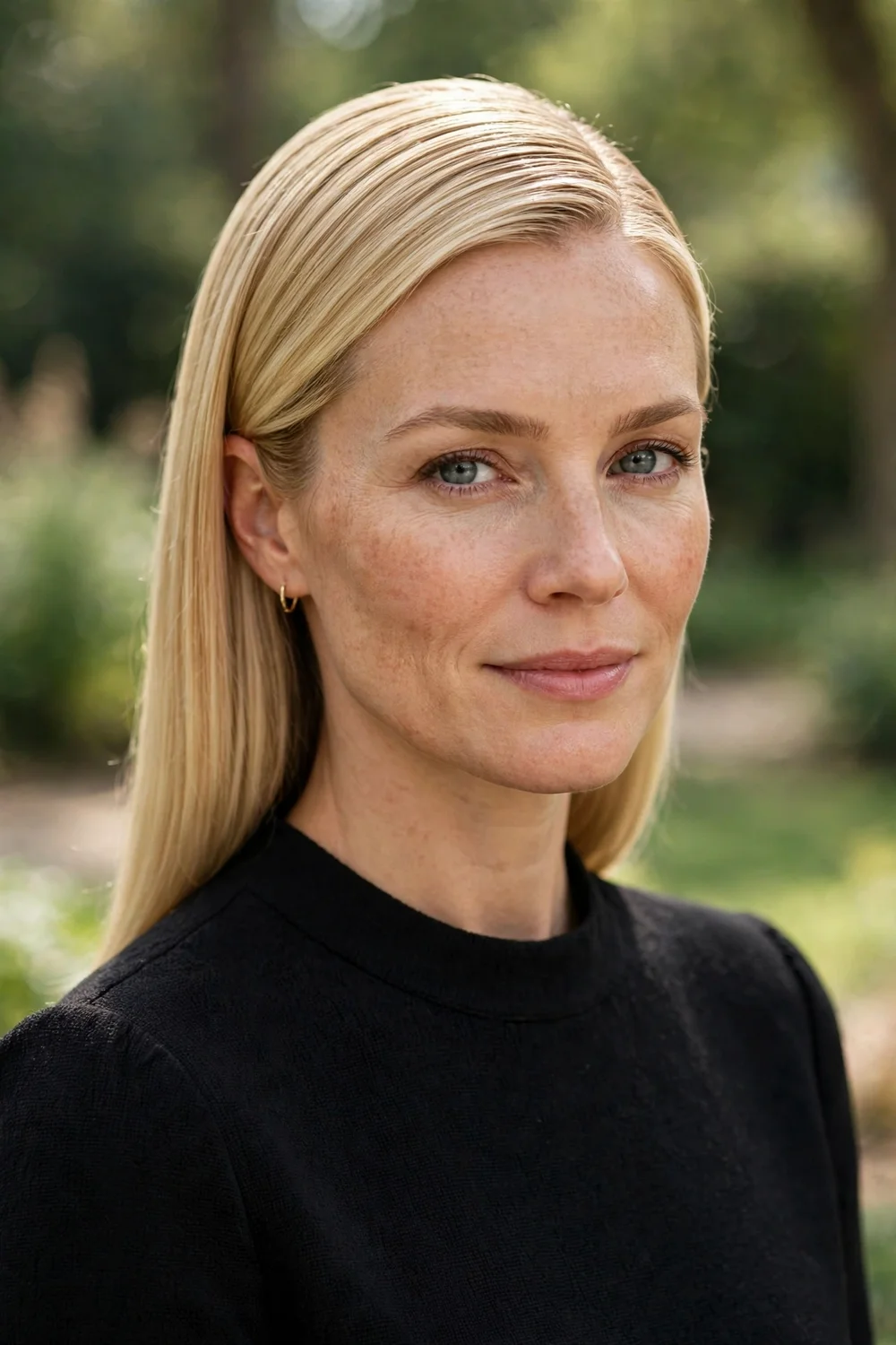 Woman with blonde hair in a sleek straight blowout