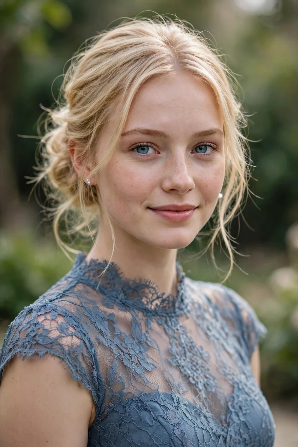 Young blonde woman with a softly tousled low bun at a formal event