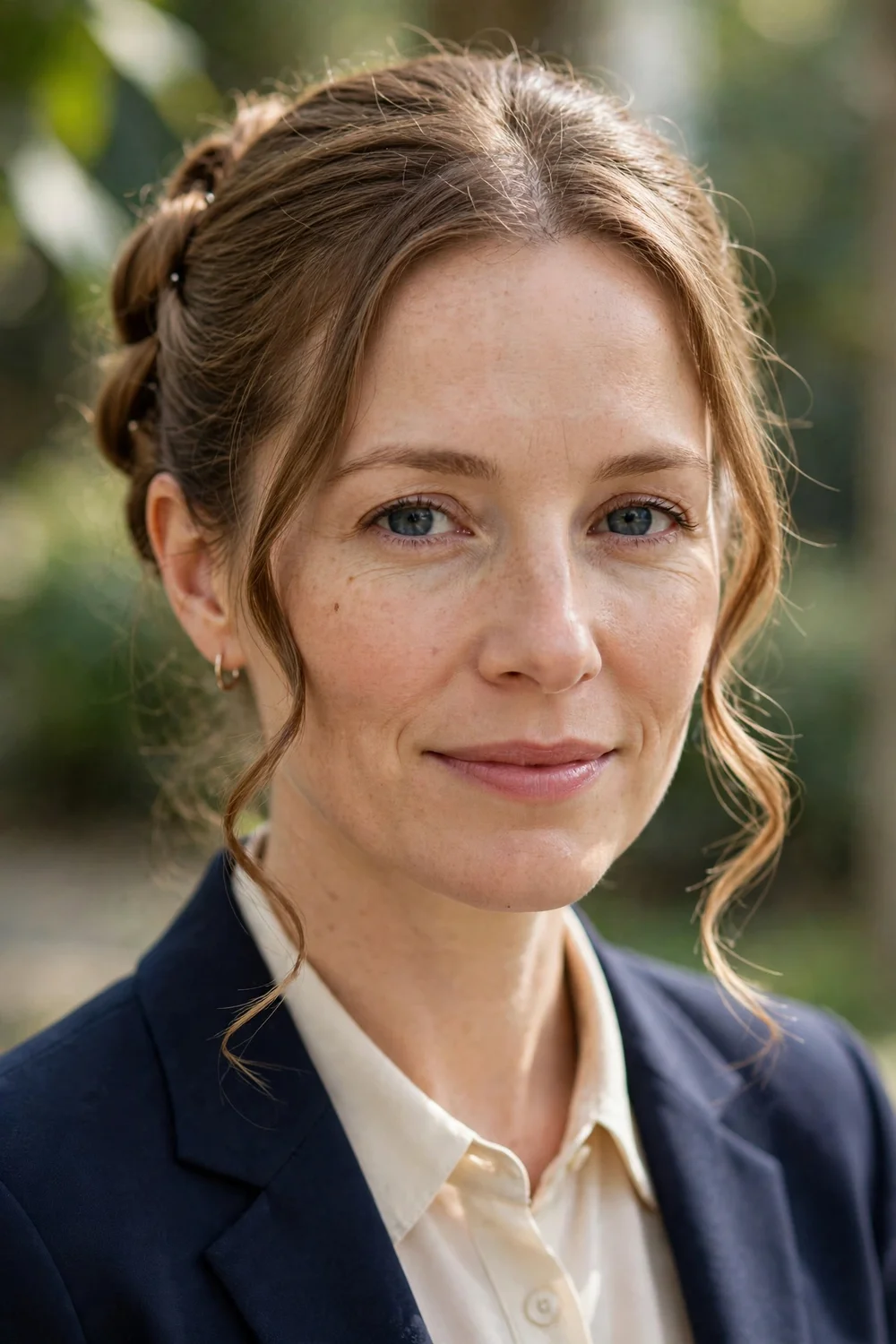 Woman in her thirties with an updo and curled face-framing tendrils