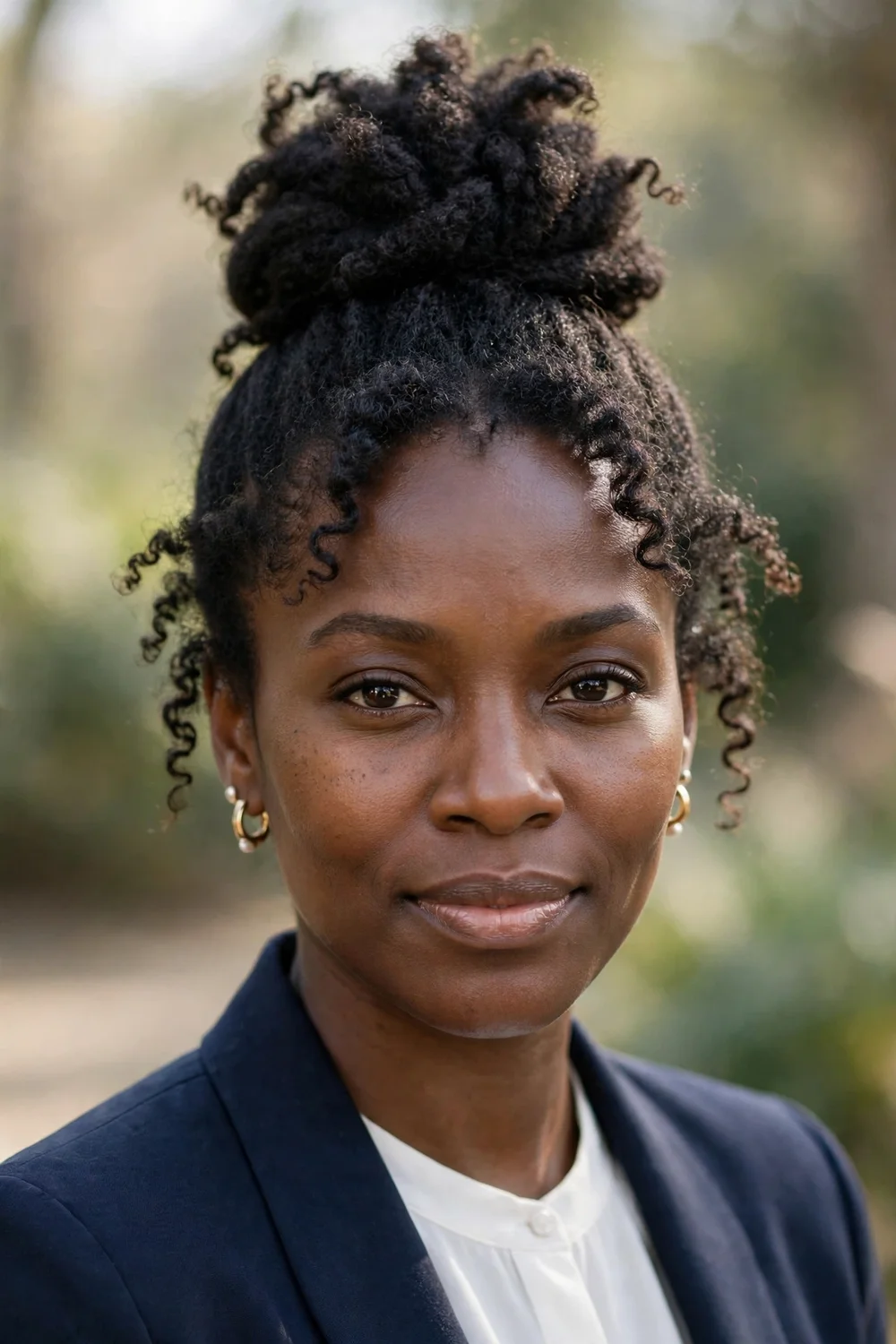 Black woman with a textured top knot updo for a formal night