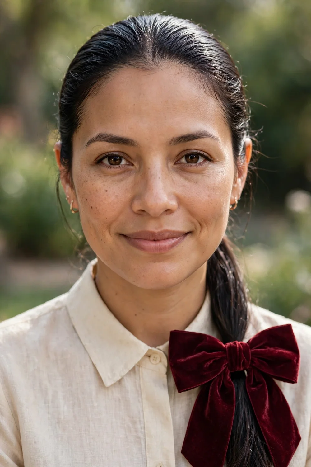 Latina woman with a low ponytail tied with a velvet bow