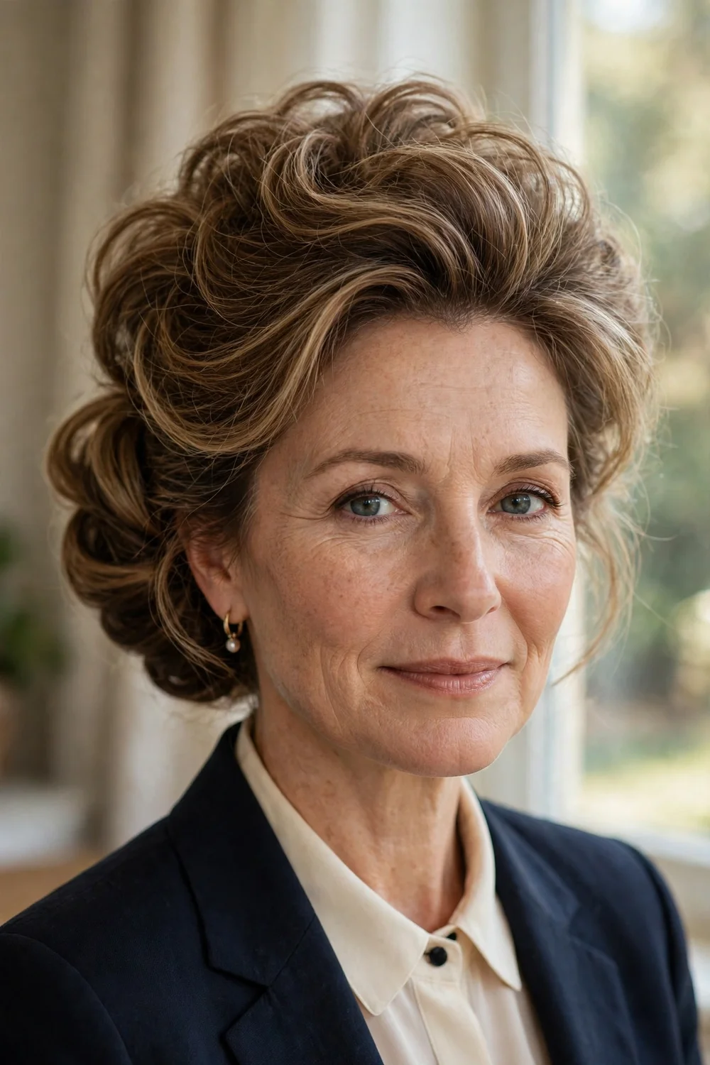 Woman in her forties with a backcombed voluminous chignon