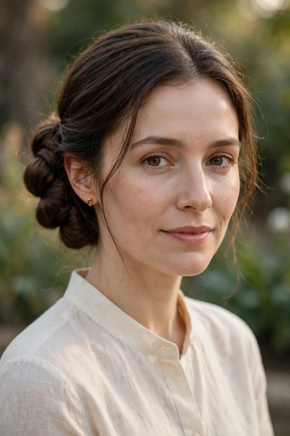 Brunette woman with a wrapped low bun hairstyle
