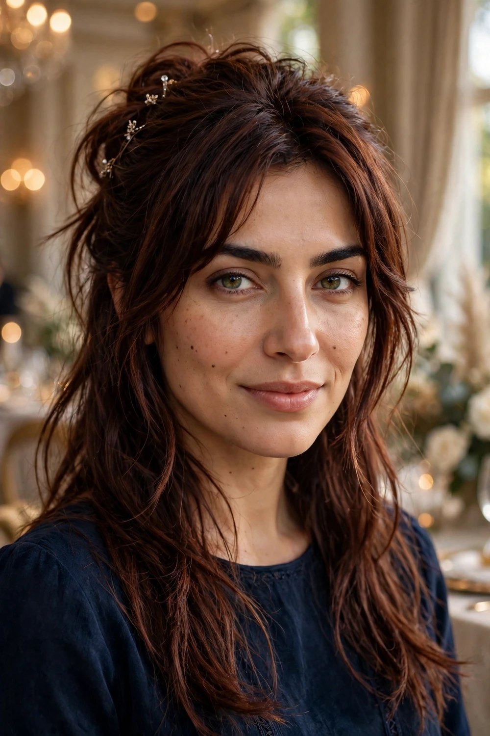 Woman with a long shag haircut styled in a soft low bun for a formal event, shag texture visible in the updo