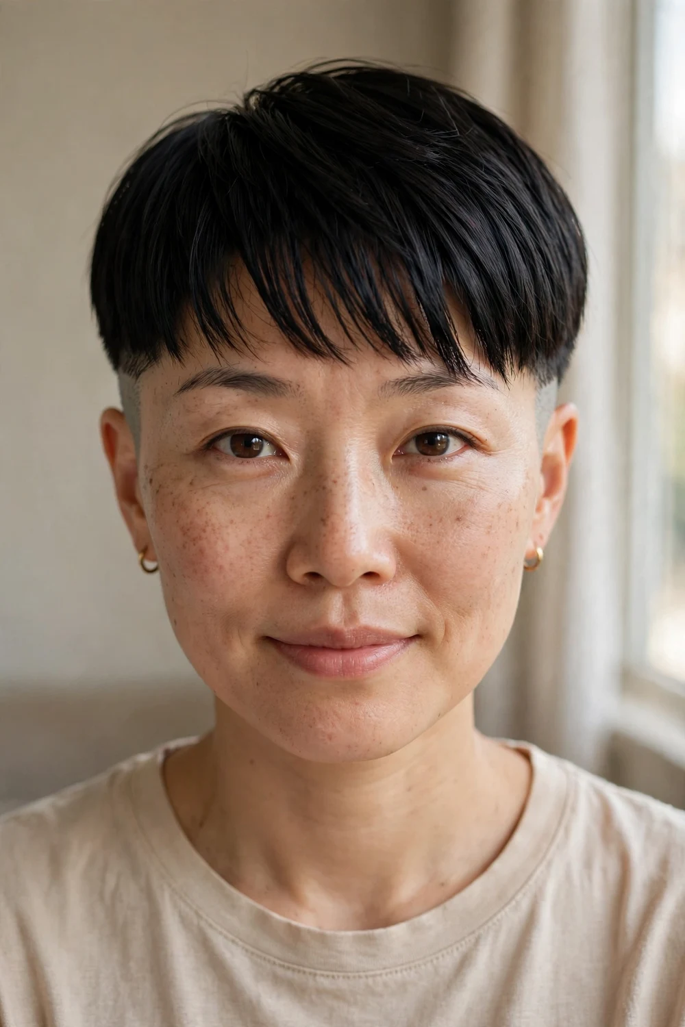 Forward-combed pixie with clipped sides on straight hair