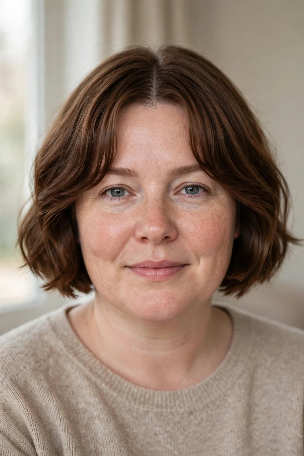 Woman with round face wearing a French bob with long parted French bangs