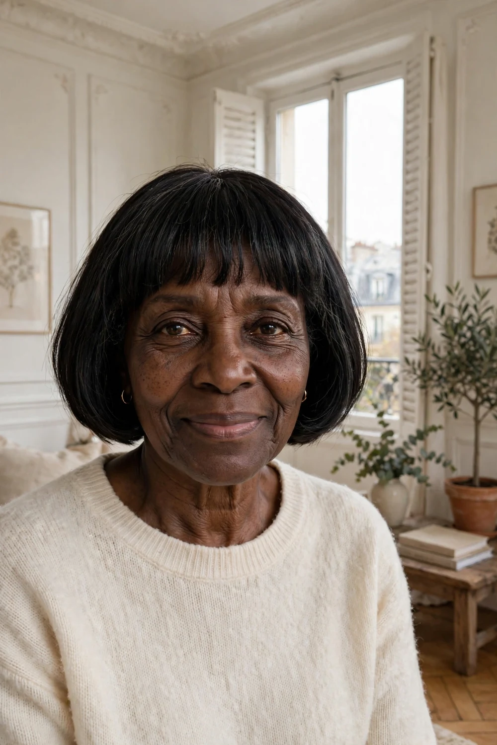 Black woman in her mid 60s with dark French bangs and a classic bob
