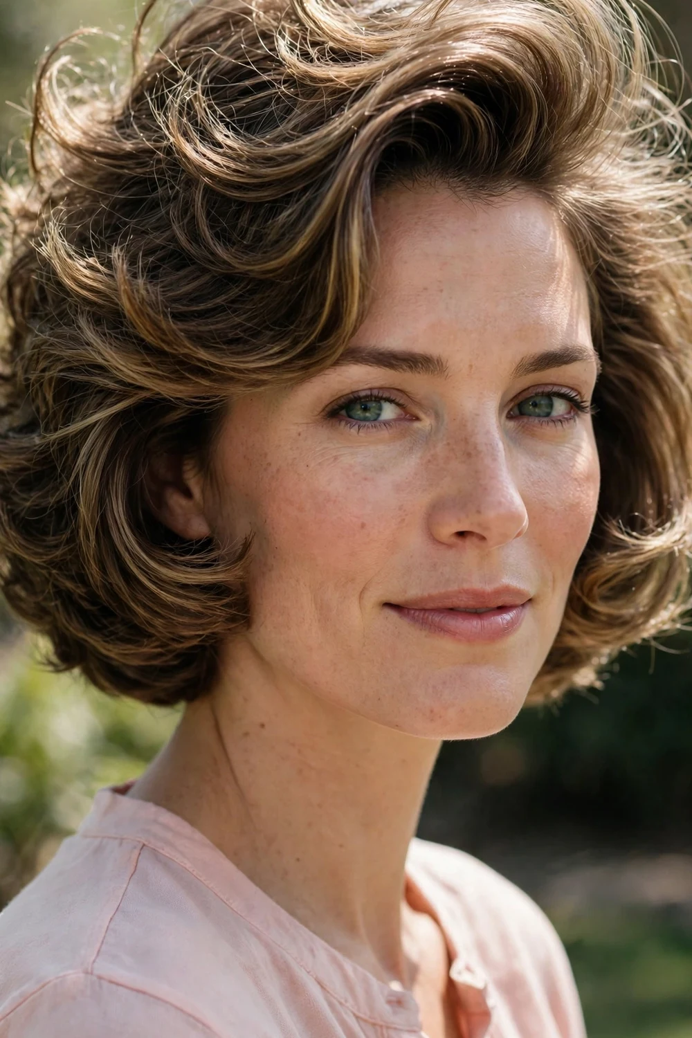 Woman with a French blowout micro bob haircut with voluminous bounce