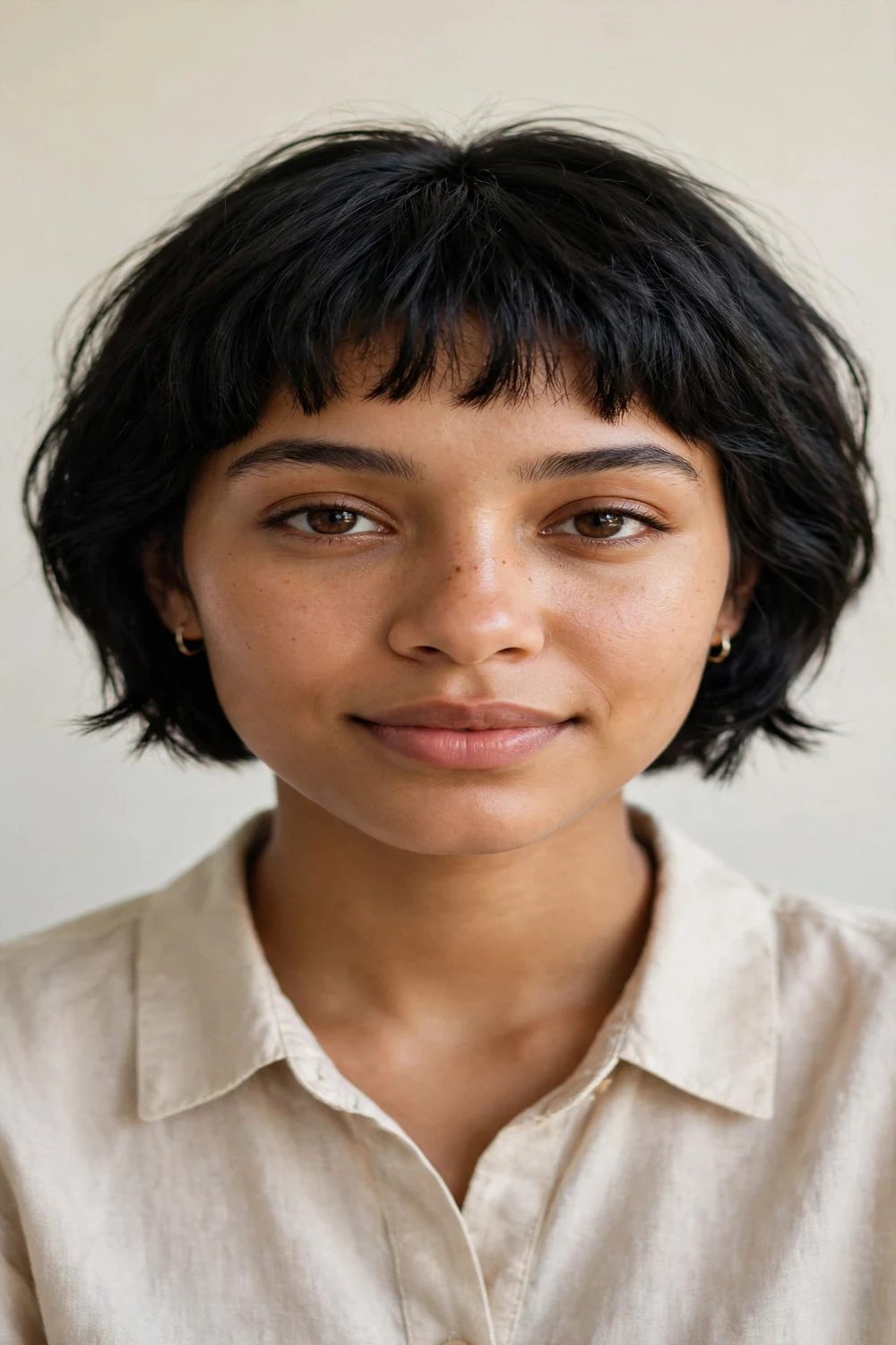 Woman with a french bob and short baby bangs above the brows