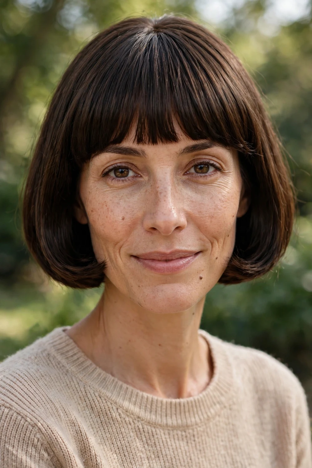 Woman with a long oval face wearing a French bob ending at the cheekbones with full bangs