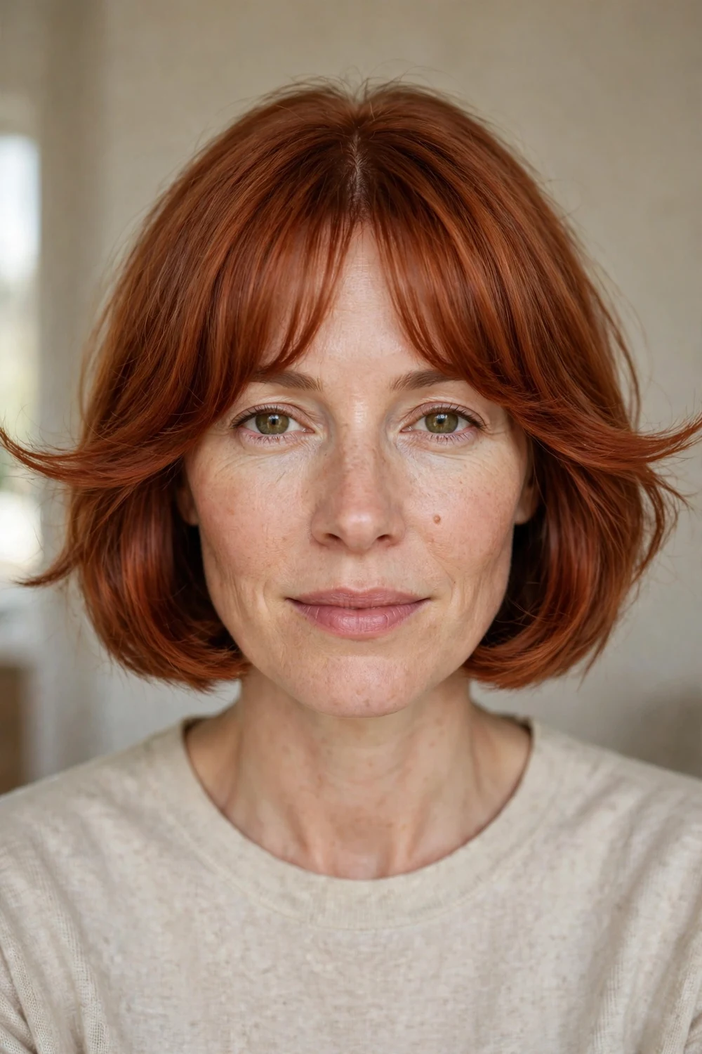 Woman with French bob and flicked-out bottleneck bangs