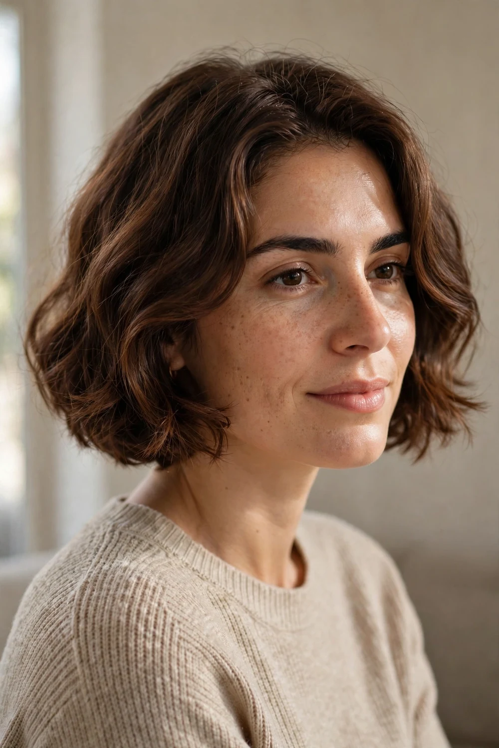Woman with a French bob and natural waves