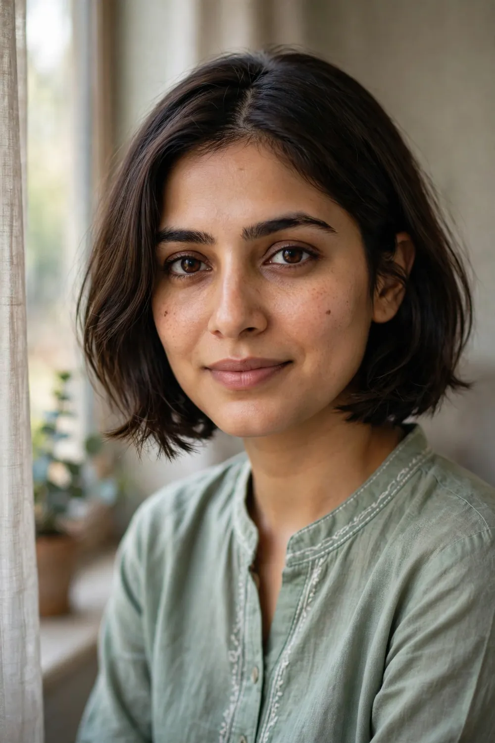 Woman with an oval face wearing a chin-length French bob