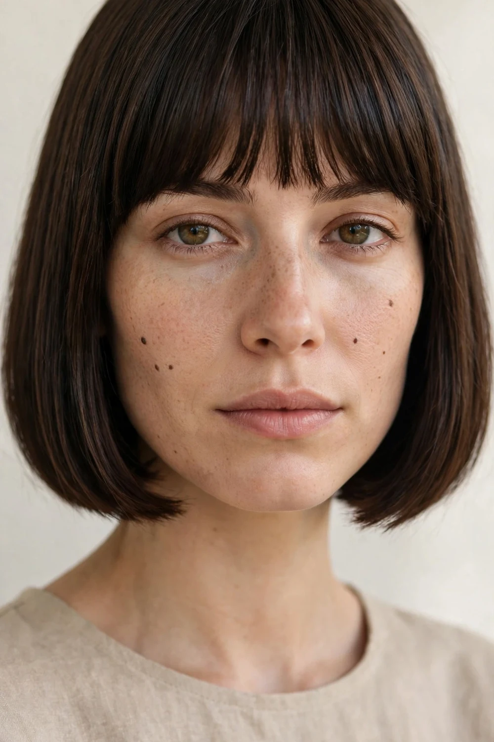 Woman with a French bob on straight hair, jaw-length cut with full straight fringe