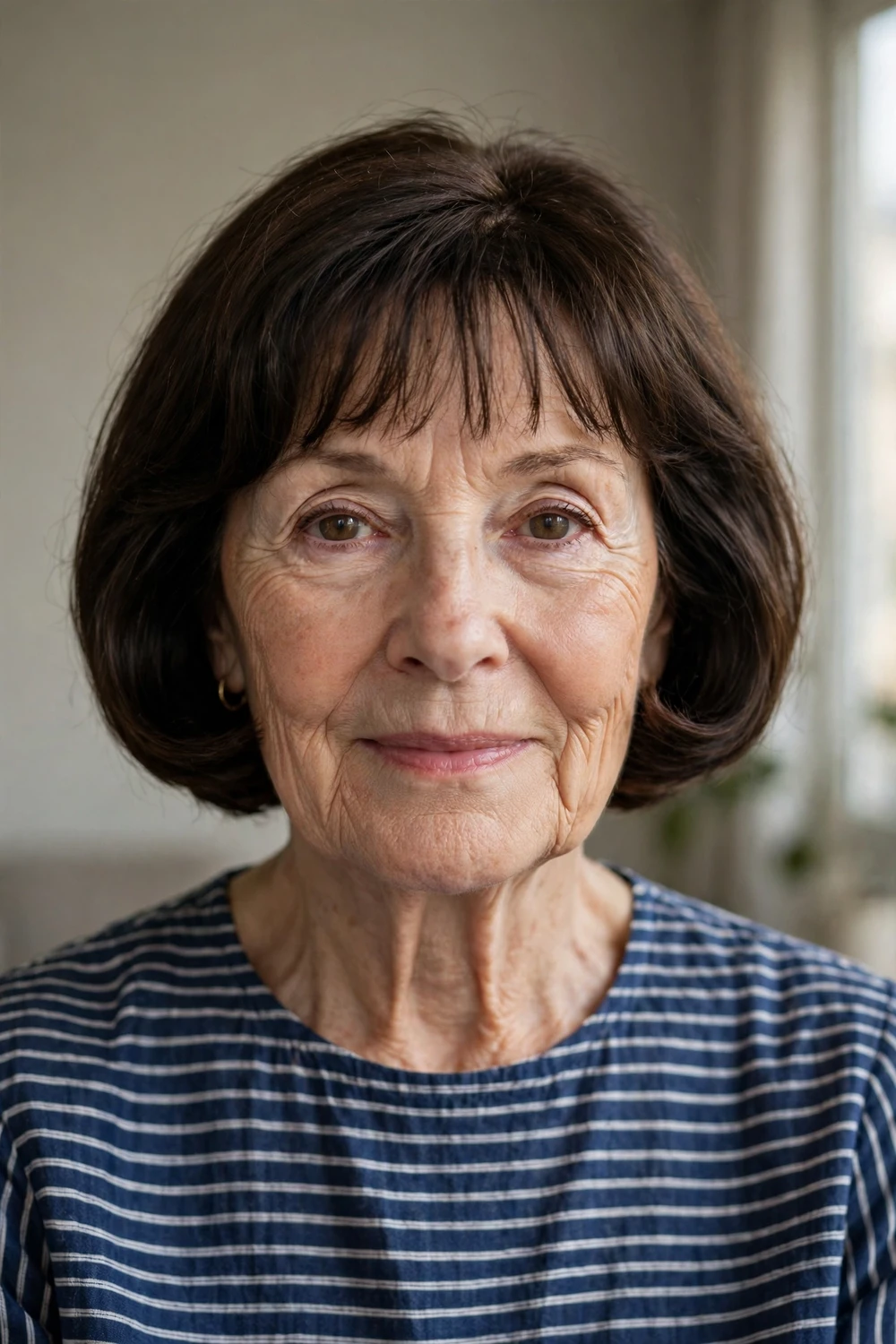 French bob with wispy fringe at the jawline on a woman over 60