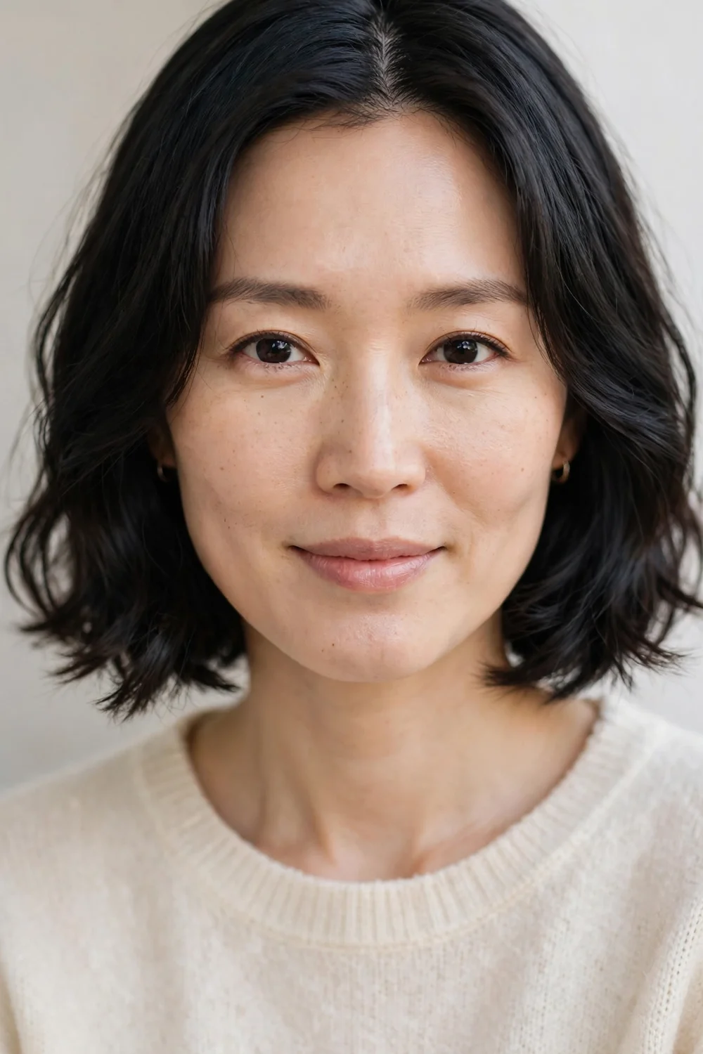 East Asian woman with a jaw-length French bob with soft waves