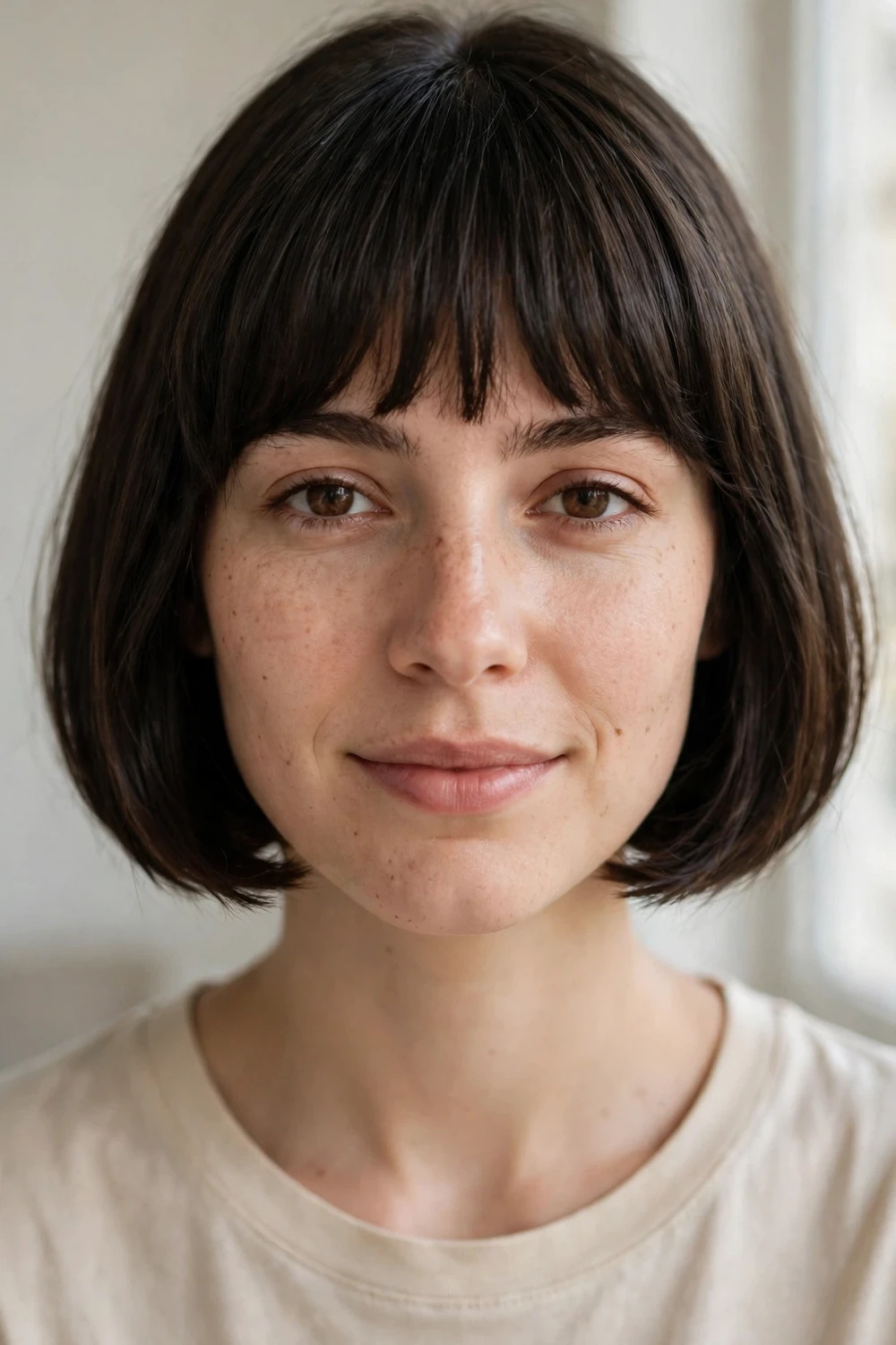 Woman with a chin-length French bob with full bangs, Parisian style