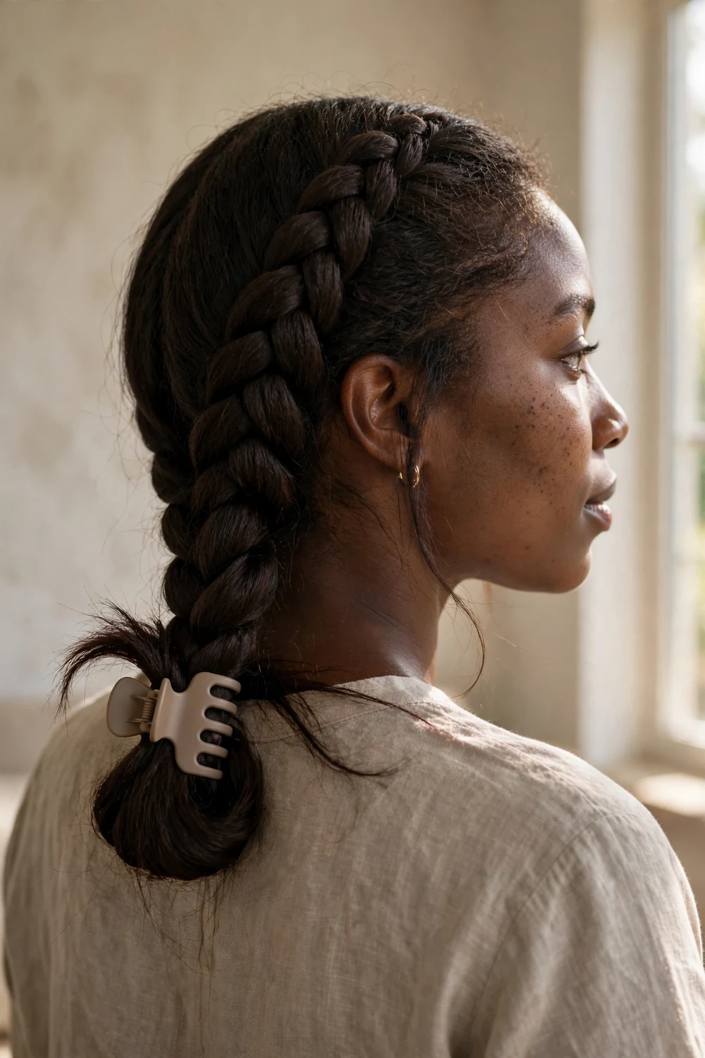 Woman with dark brown long hair in a low French braid folded up and held with a medium matte beige claw clip