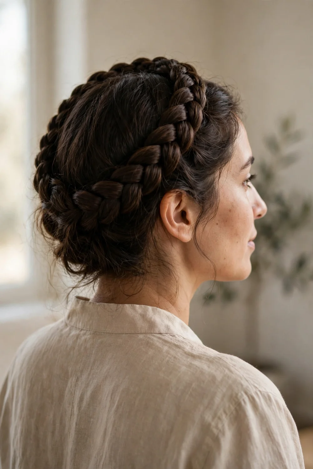 Woman with dark brown medium-length hair in a French braid crown