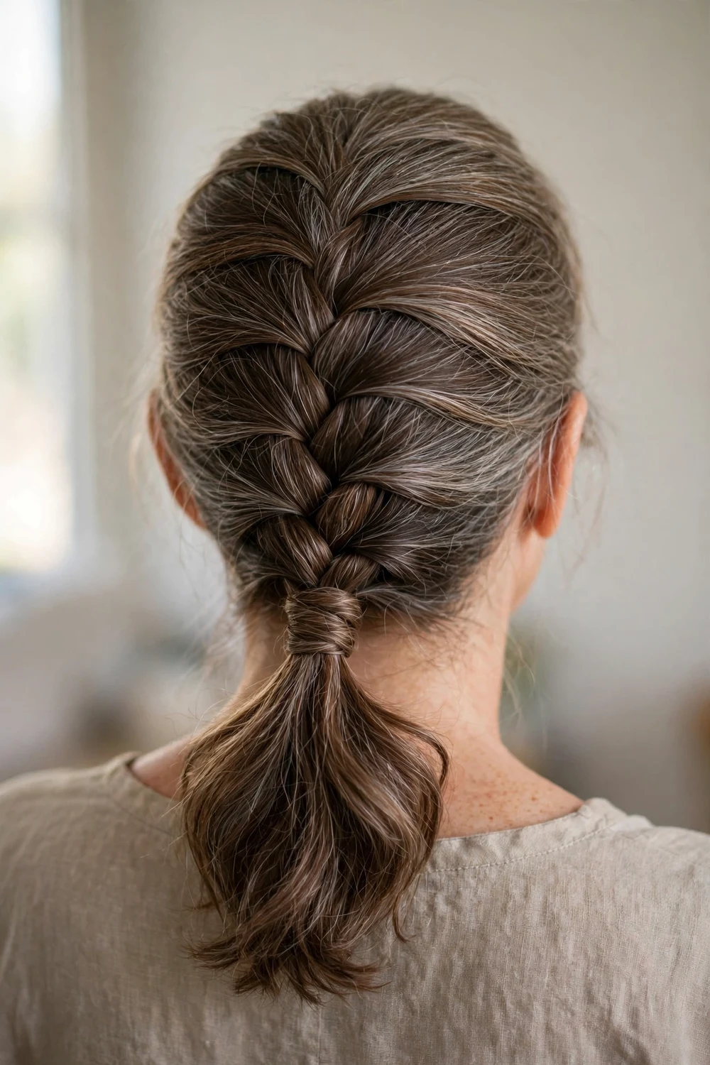 French braid flowing into a low ponytail on thin hair