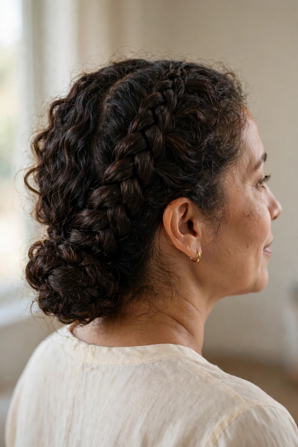 Woman with a French braid updo on thick curly hair