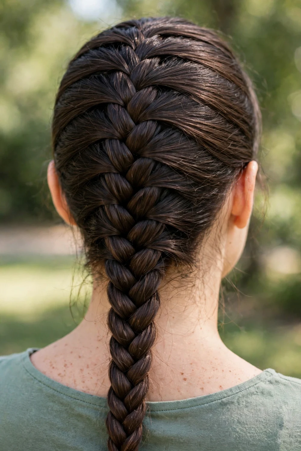 Woman with a French braid running down the back of her head