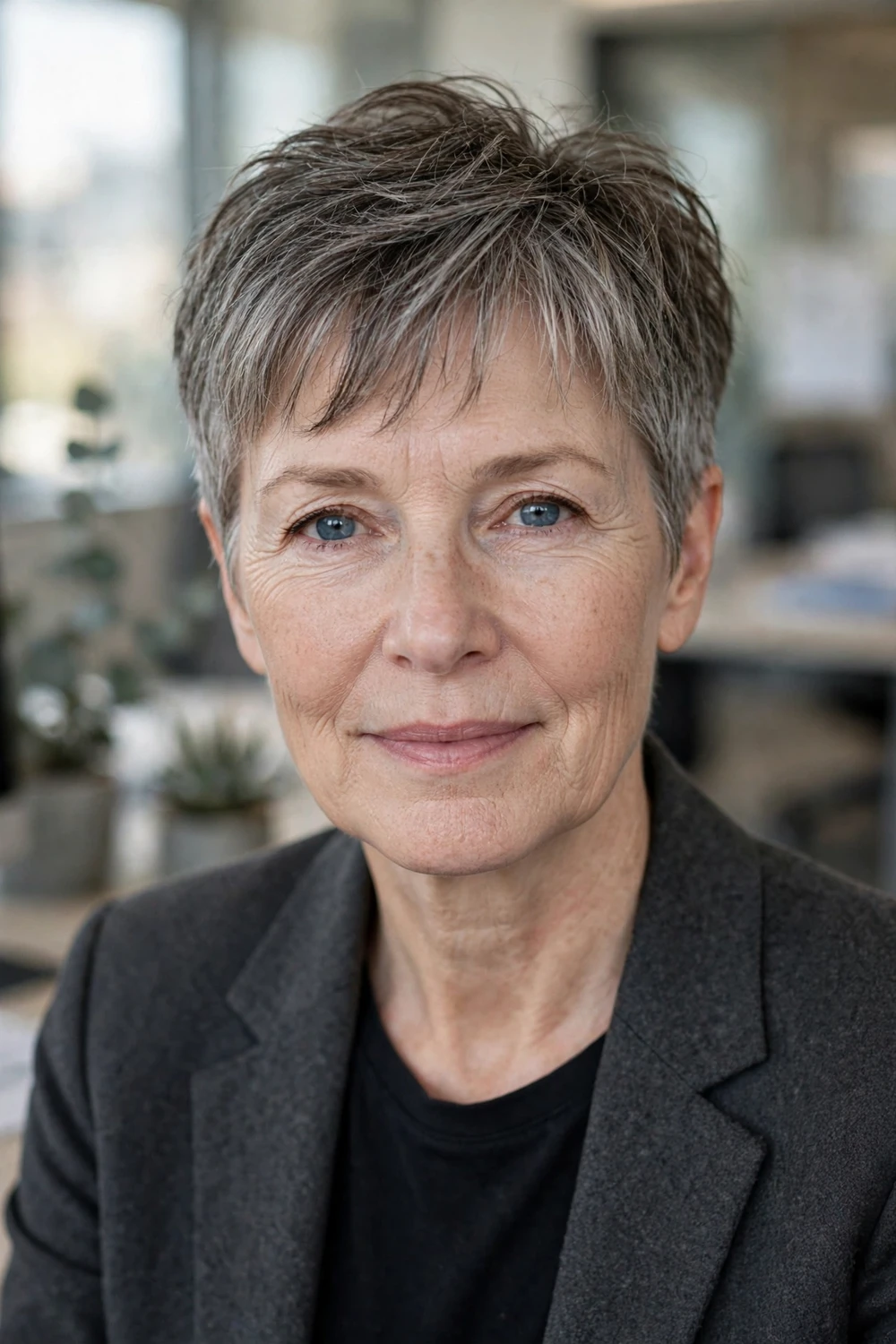 Woman over 50 with a French crop haircut with longer crown on thin hair