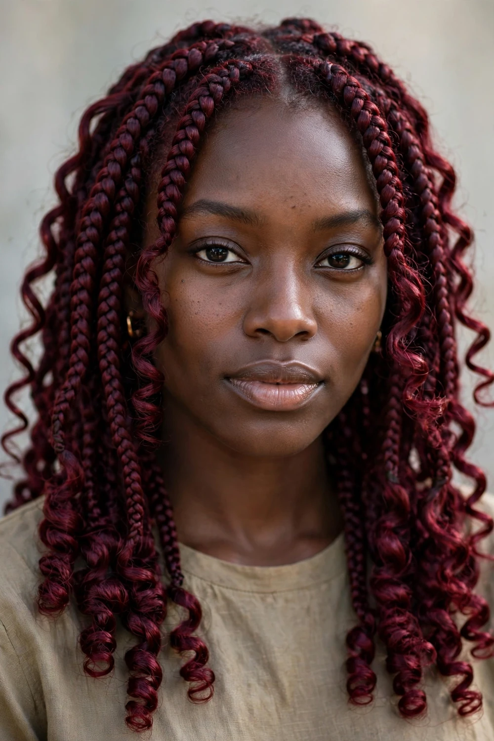 Deep burgundy French curl braids