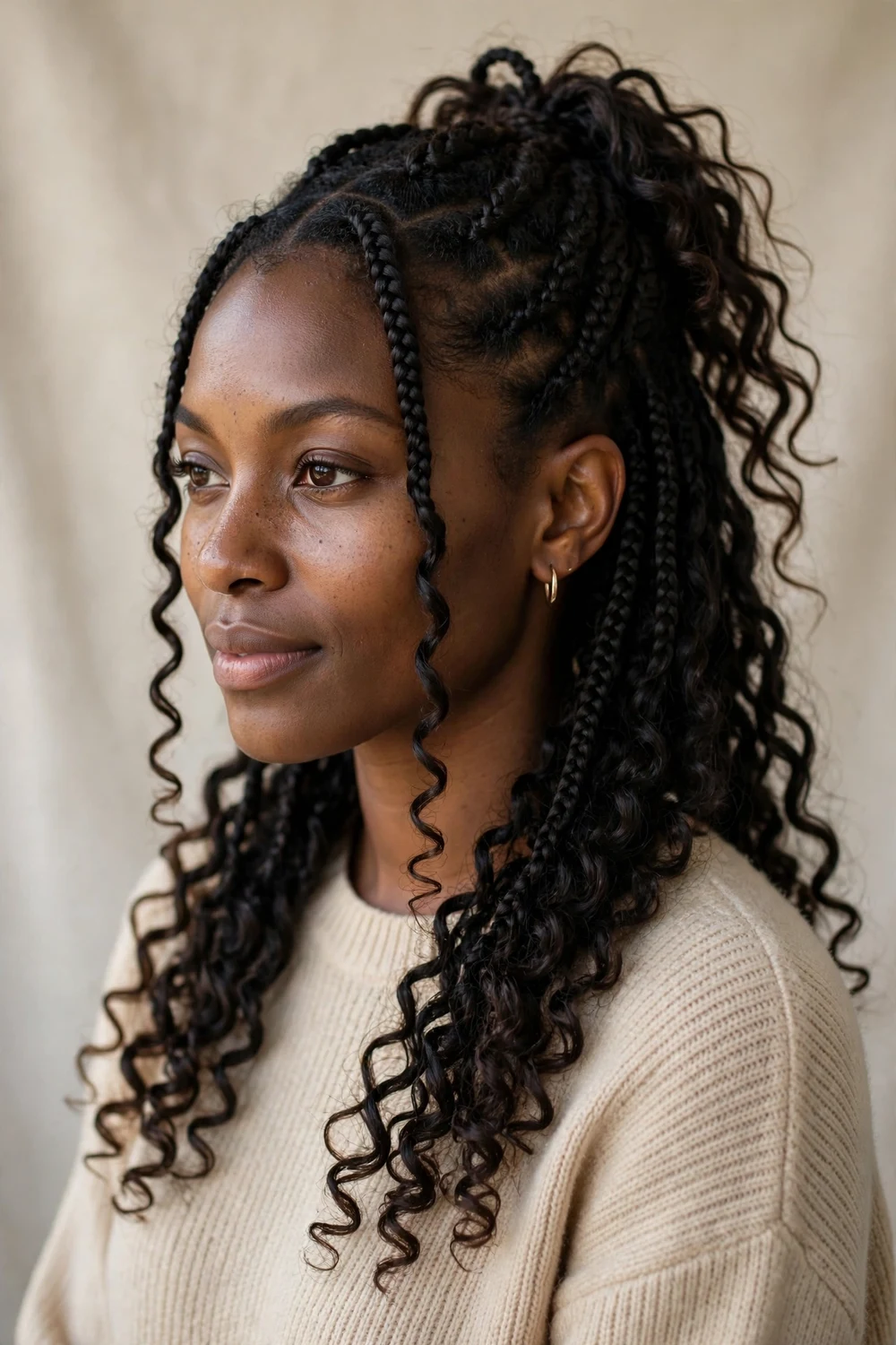 Half-up half-down French curl braids