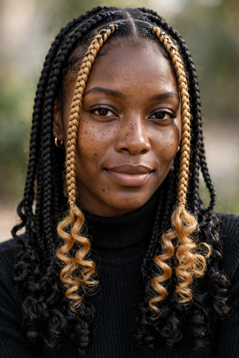 Money-piece highlighted French curl braids