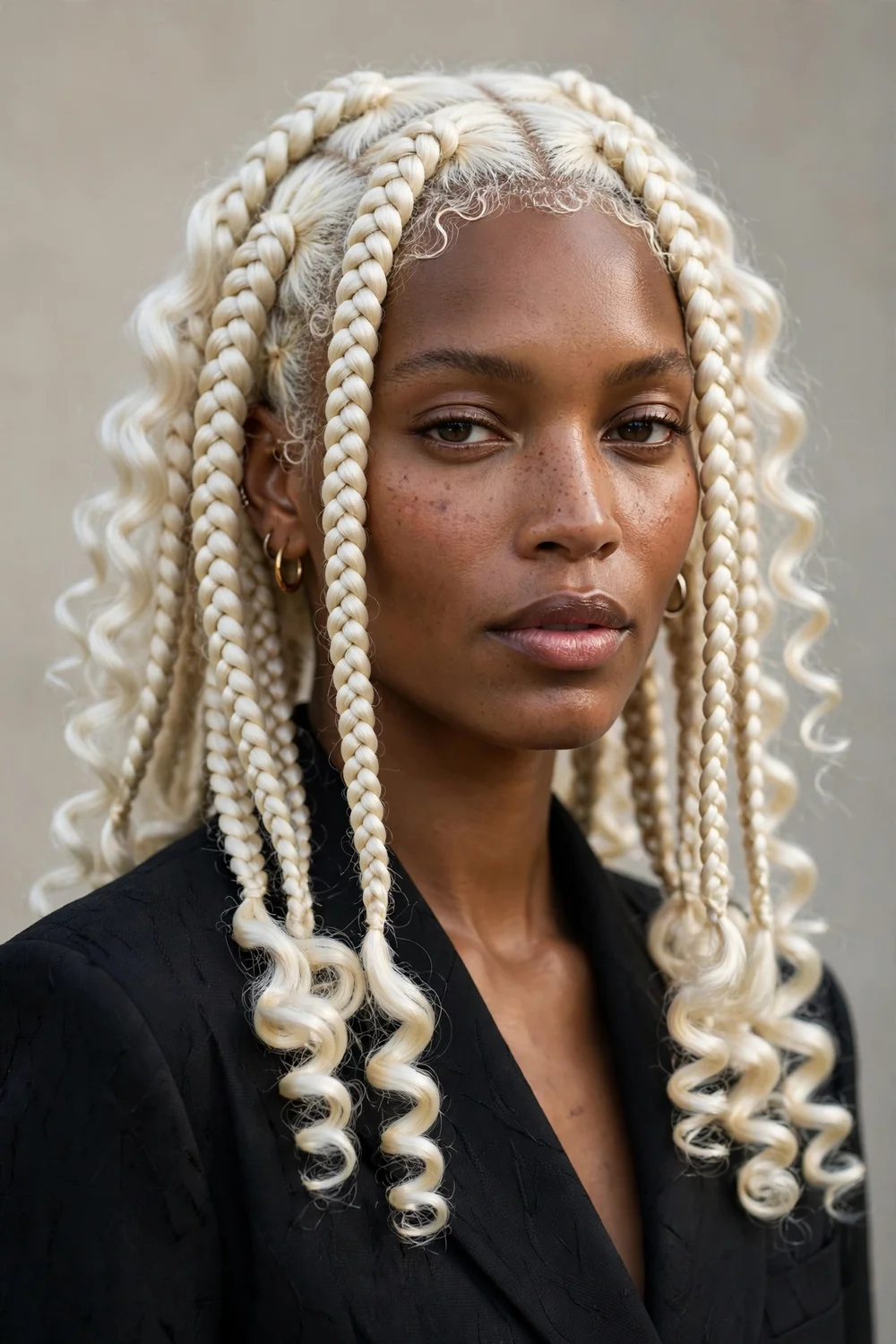 Platinum blonde French curl braids