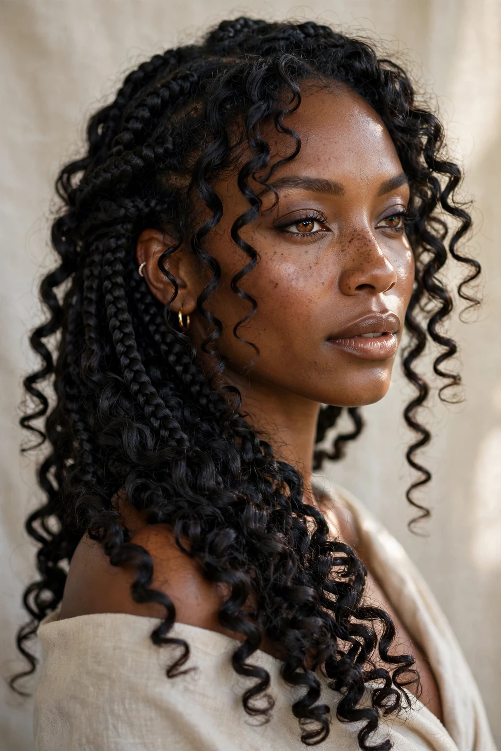 Side-swept French curl braids
