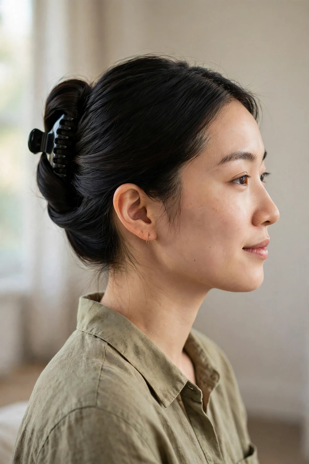 Woman with black medium-length hair in a sleek French twist secured with a small black claw clip